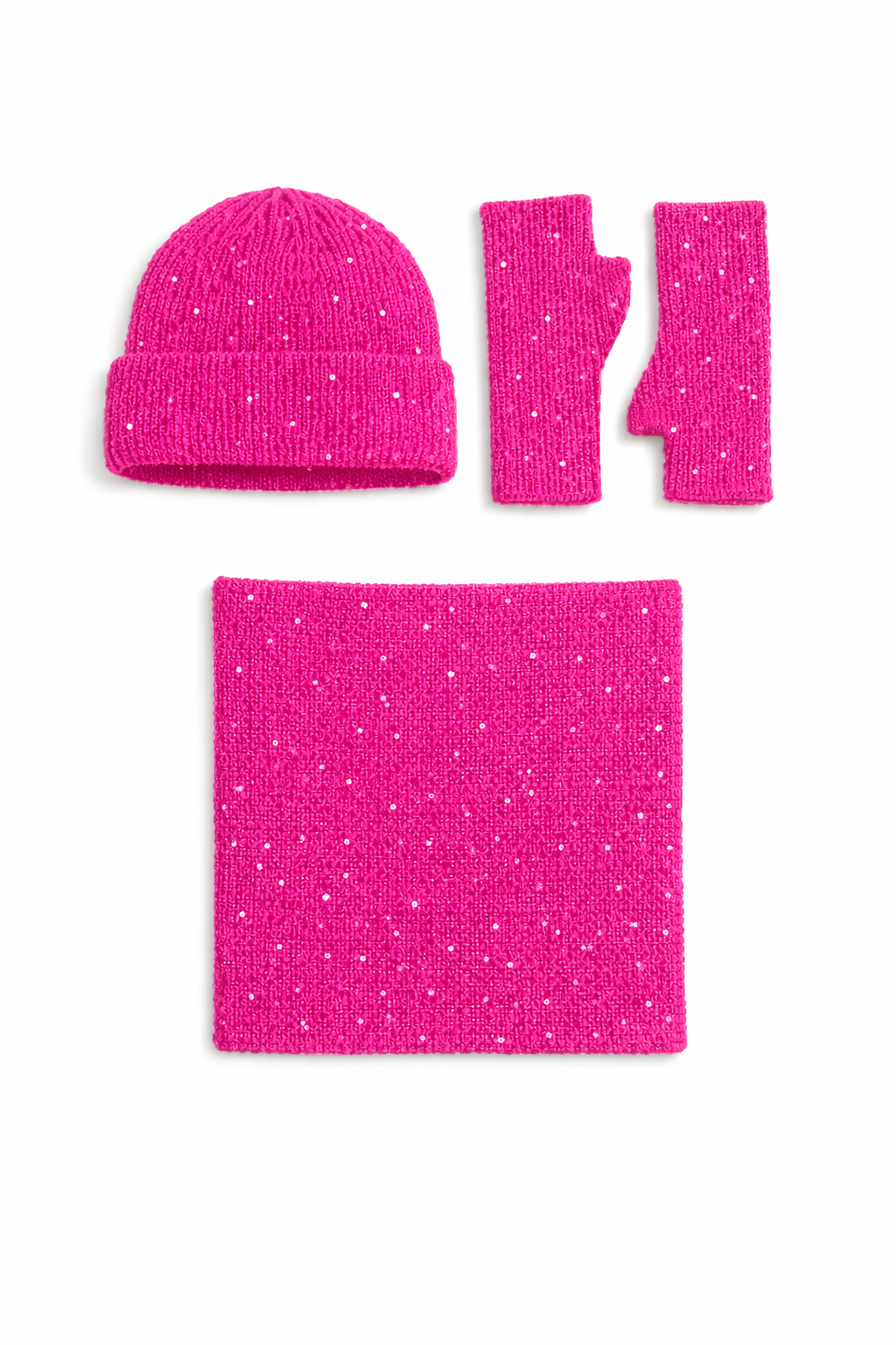 CAPPELLO + GUANTO + COLLO MAGLIA CON PAILLETTES, 35%ANGORA 65 %VI, MADE IN PRC   - FUXIA